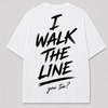 Achterkant van het witte I WALK THE LINE T-shirt van FAKESNIFF, met een geschilderde tekst I WALK THE LINE met daaronder 'you too?' in schuinschrift
