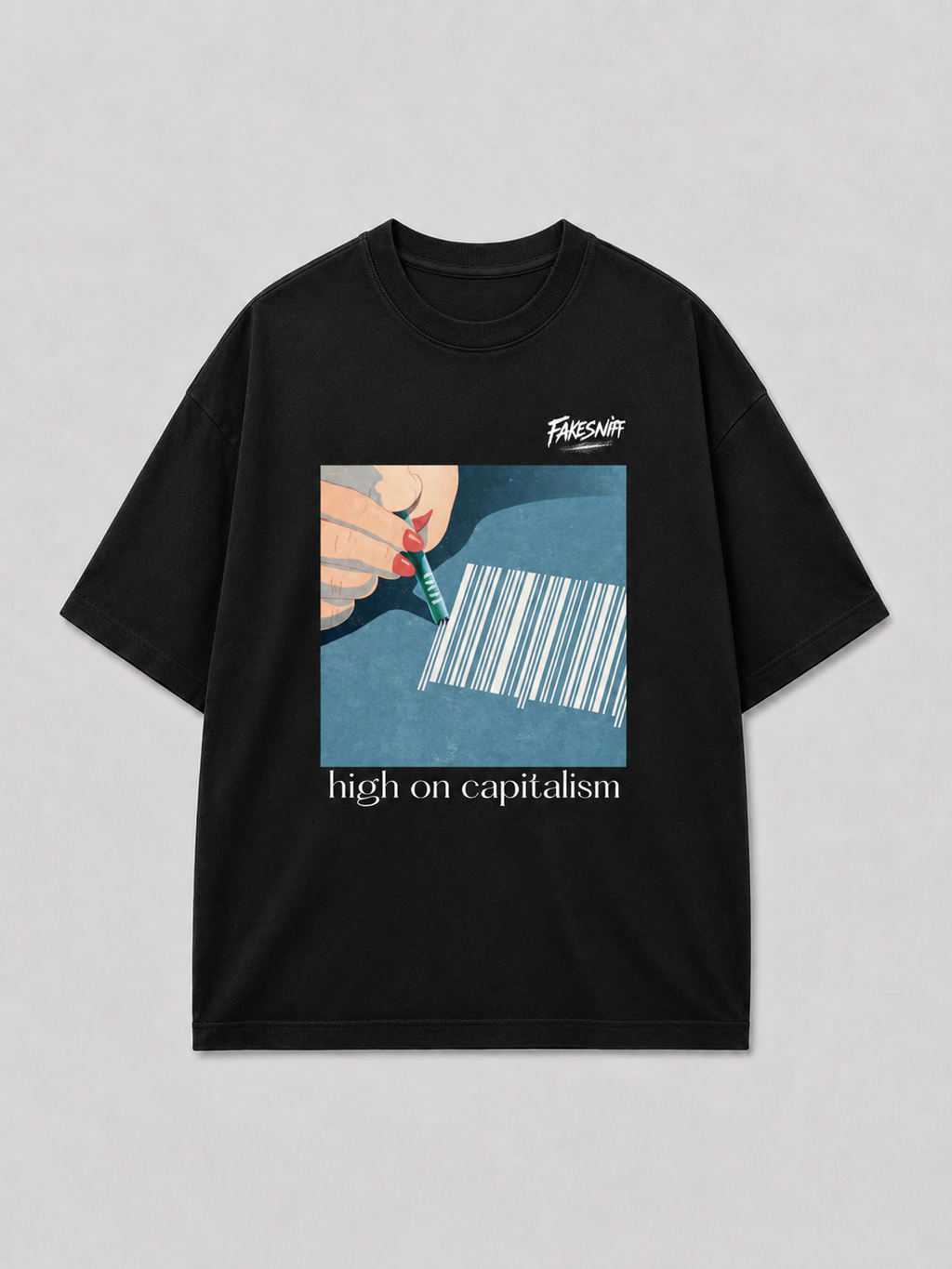 Zwart oversized HIGH ON CAPITALISM T-shirt van FAKESNIFF, print 'high on capitalism': een hand trekt met een stift lijnen uit een barcode