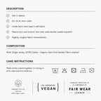 Stofkaart van Stanley & Stella: 100% biologisch katoen single jersey, ingezette mouw, 1x1 ribboord, nekband van dezelfde stof, wassen op 30 graden, PETA-Approved Vegan
